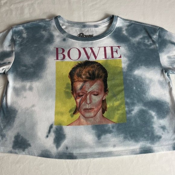 David Bowie Cropped Top Women's Size M Blue/White Marble Cotton Blend Crew Neck - Picture 1 of 7
